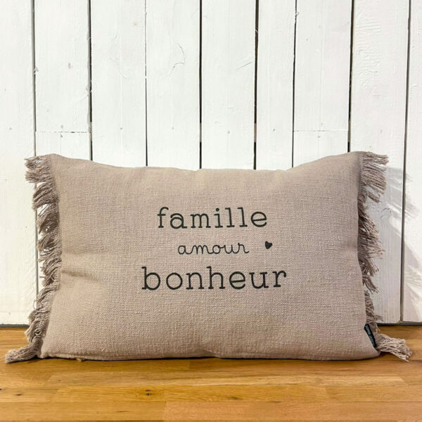 Coussin Fancy 40x60 amour bonheur ficelle Sophie Janière