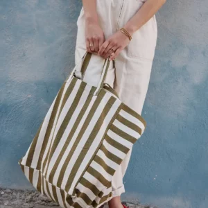 Sac Cabas Elisa Rayures Olive Greige Rose in April