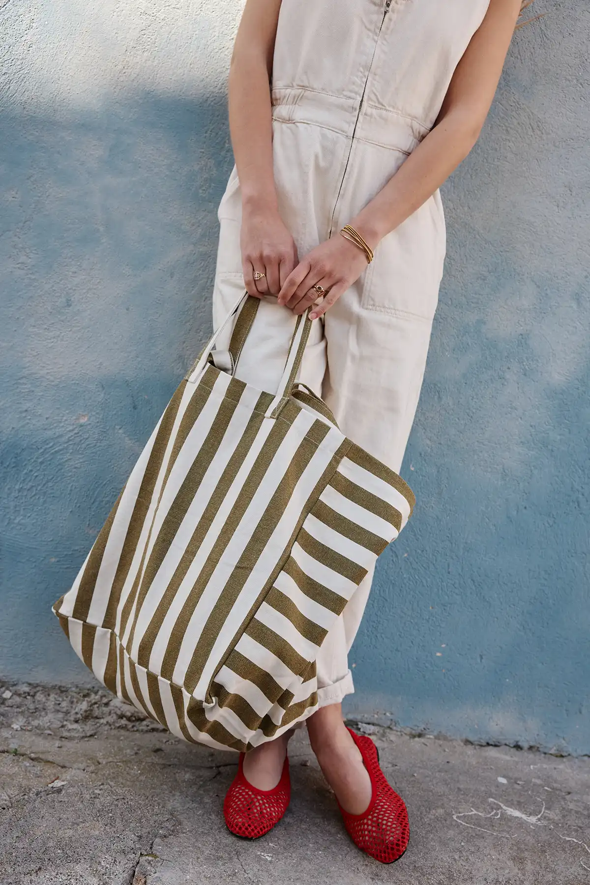 Sac Cabas Elisa Rayures Olive Greige Rose in April